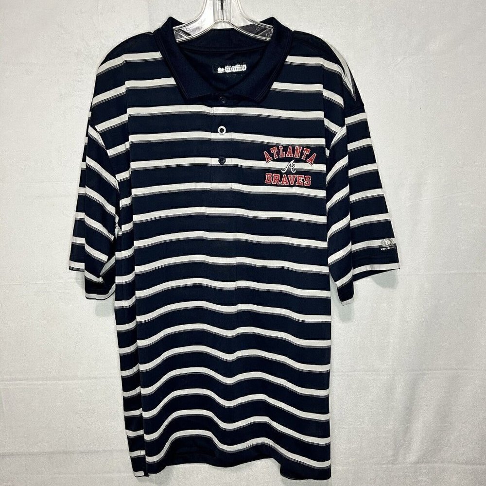 Atlanta Braves Men's Polo Shirt Navy Blue Striped Embroidery Logo Sz XL (46-48)